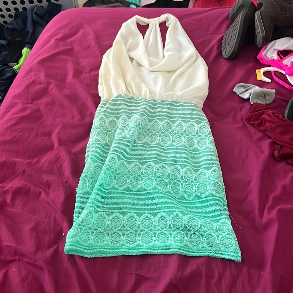 Cream low cut top with green lace bottom dress from windsor